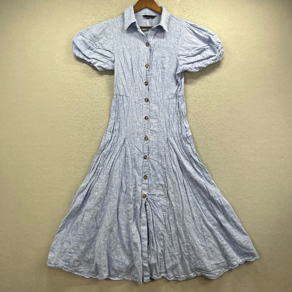 ZARA Maxi Dress Womens S Blue Linen Blend Puff Sleeve Button Up Coastal Casual